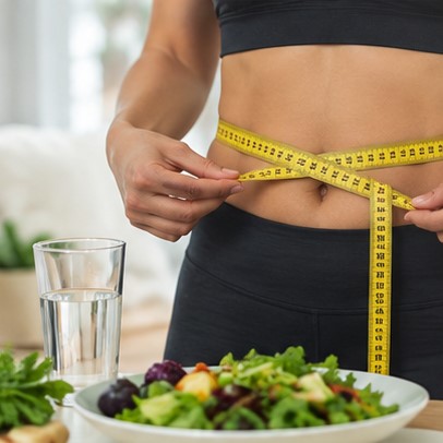Woman measuring her waist beside fresh green foods
